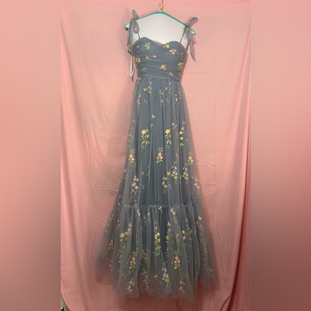 A Line Spaghetti Straps Champagne Prom Dress with Appliques - Picture 2 of 6